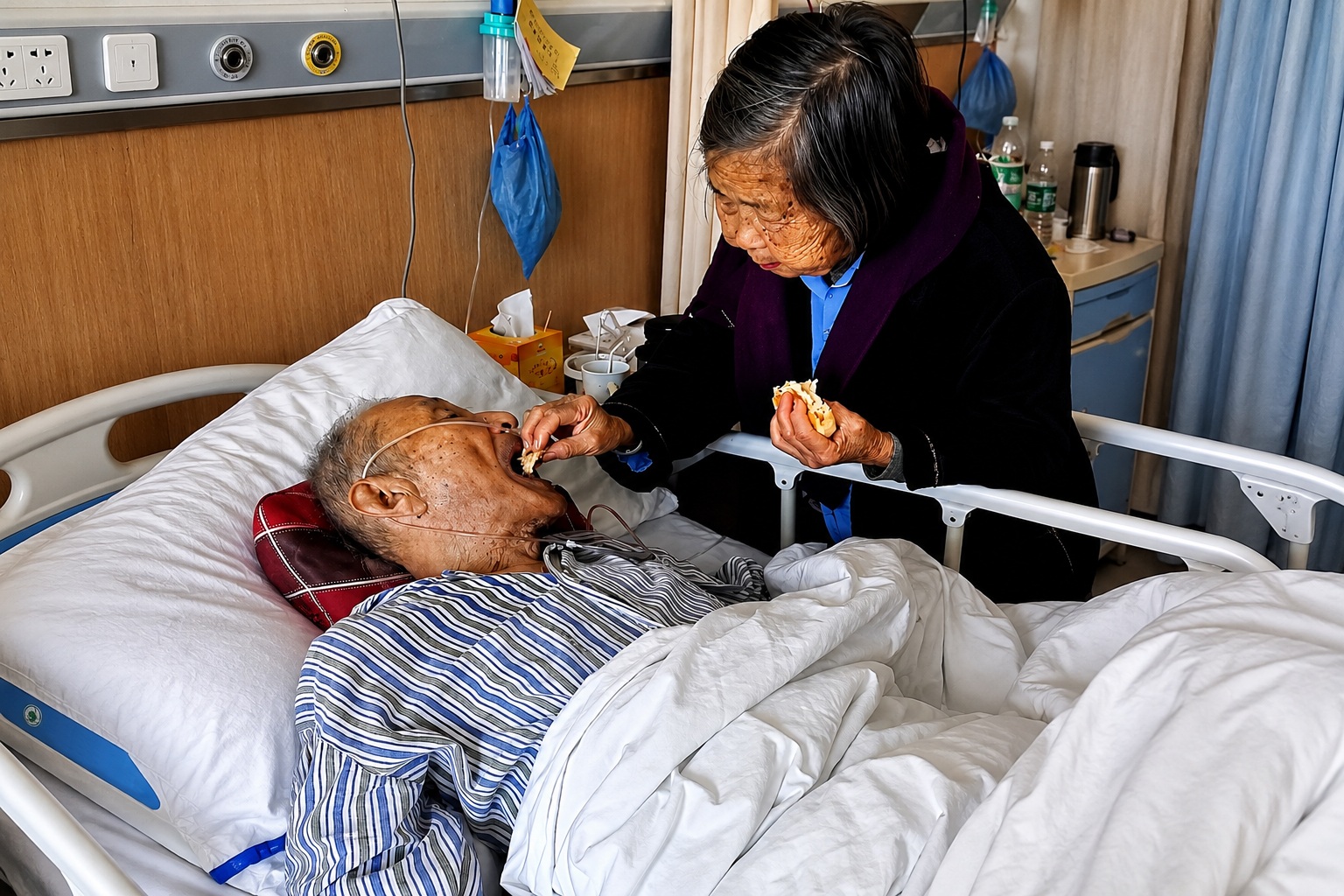 Source image for Elderly Woman Feeding Patient Bread in Hospital Bed