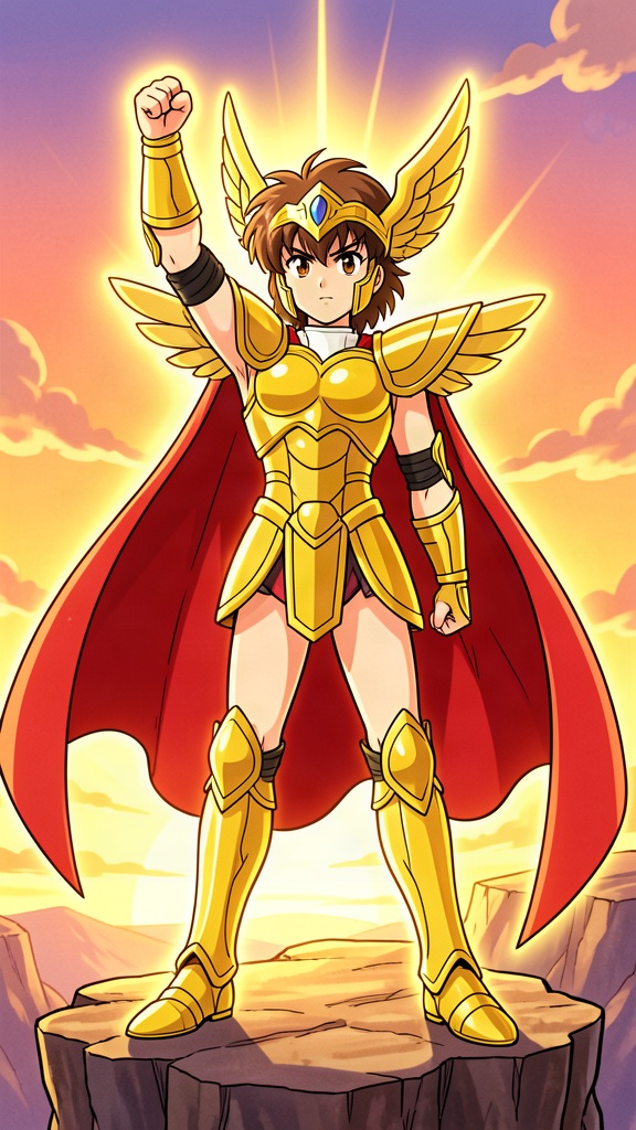Source image for Golden Armor Anime Warrior Raising Fist Against Sunset Sky