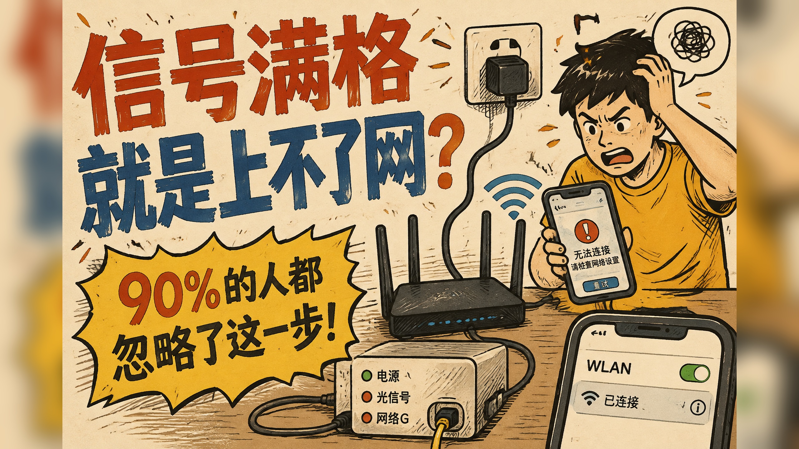 Source image for Frustrated Man Struggles with Full Signal but No Internet Connection