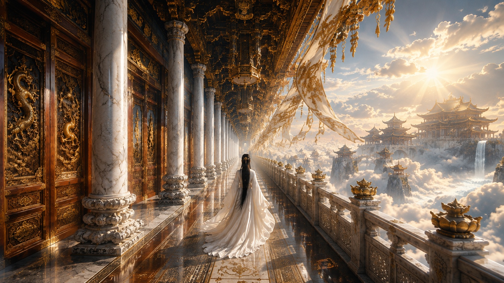 Source image for Celestial Empress Walking Through Golden Cloud Palace Corridor