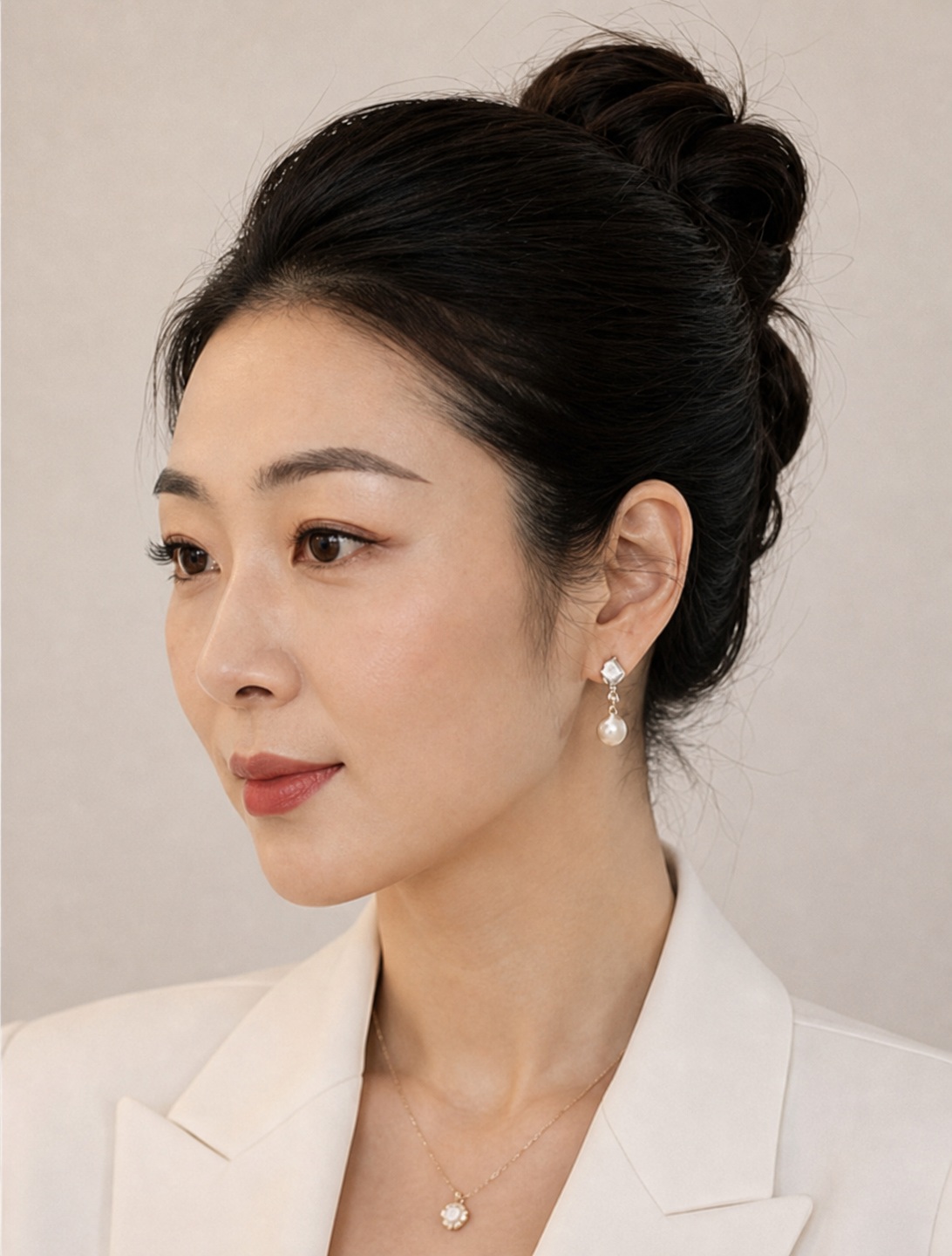 Source image for Elegant Woman in White Blazer Reacts to Off-Screen Joke