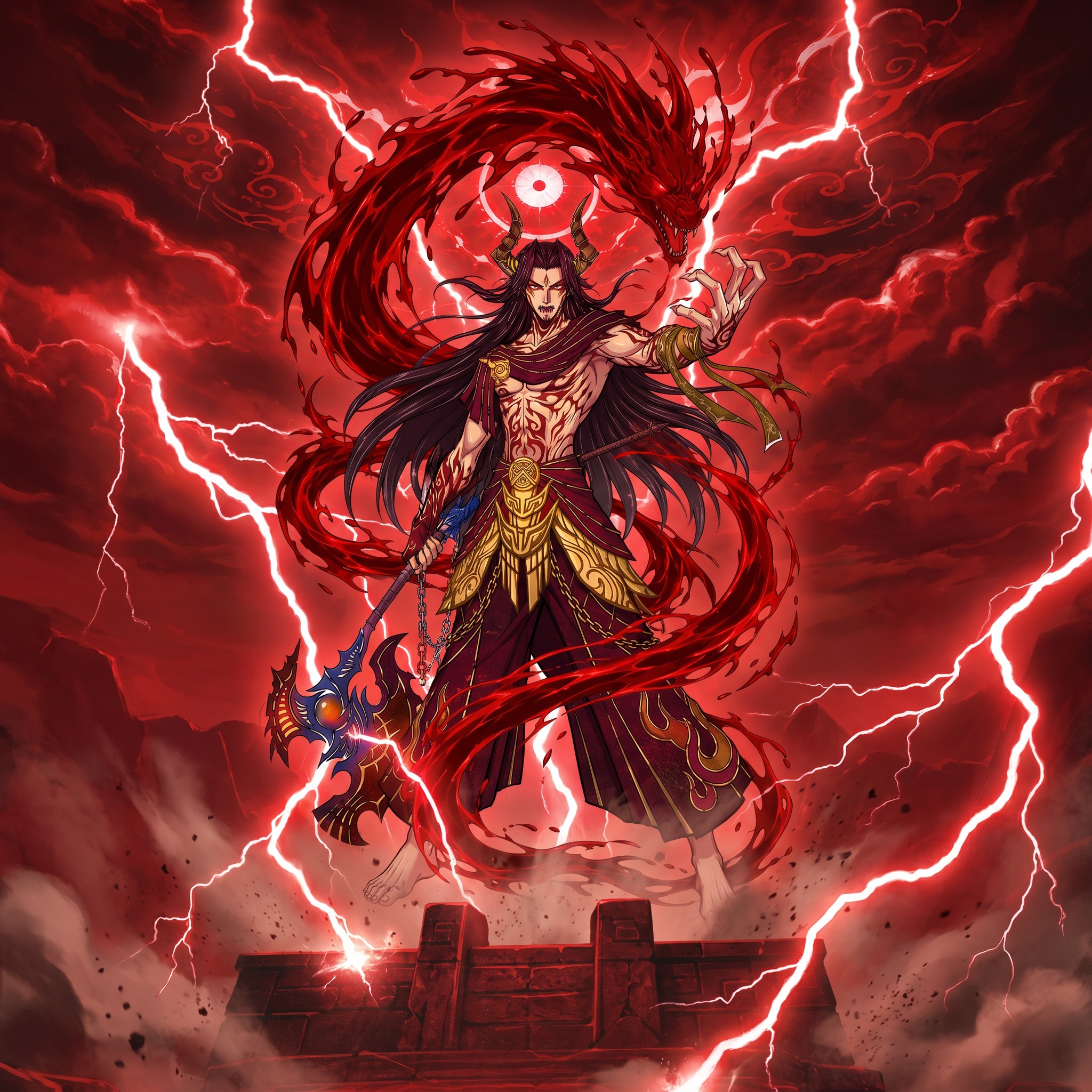 Source image for Demon Warrior Summons Red Dragon Spirit Amidst Lightning Storm