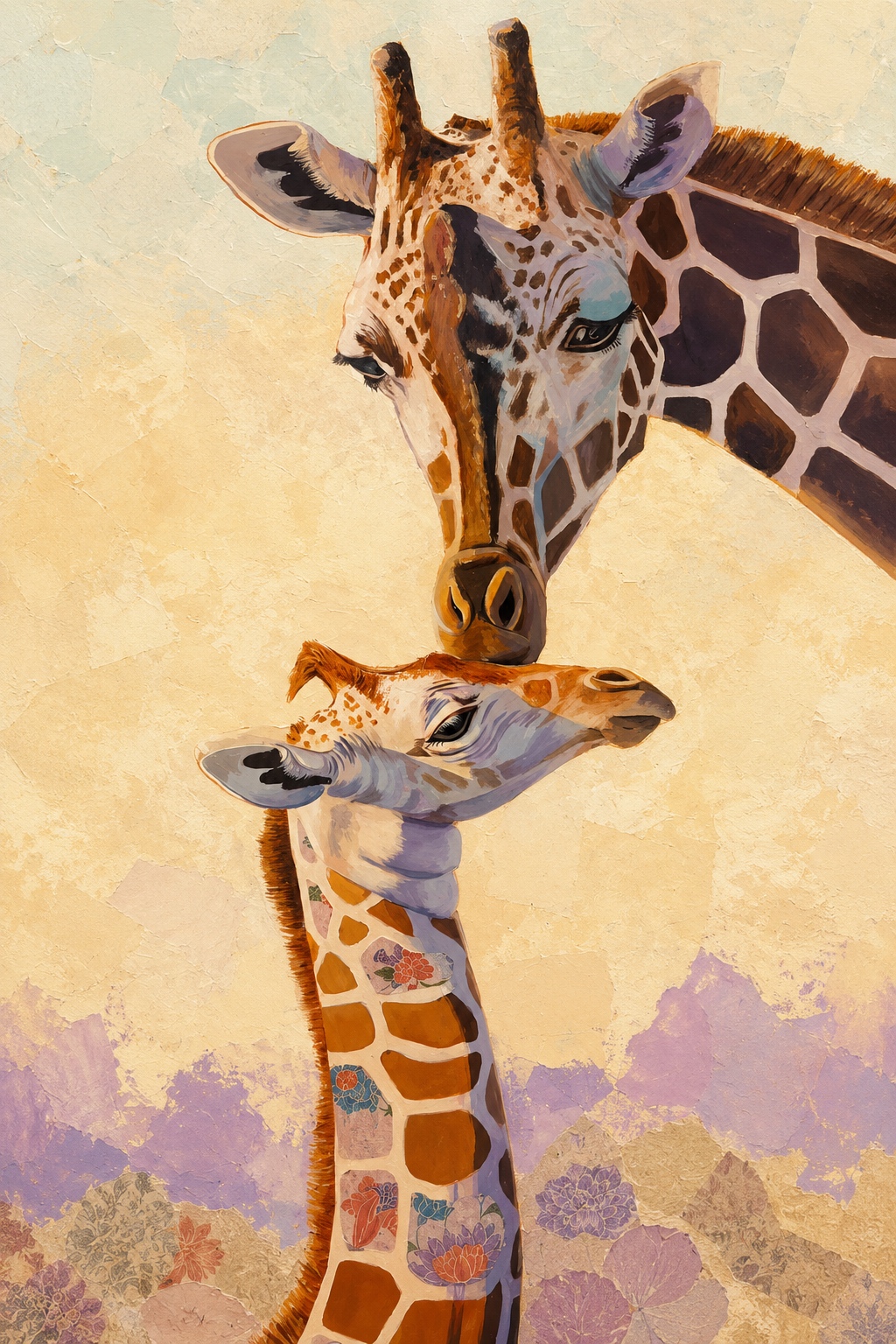 Source image for Floral Baby Giraffe Nuzzled by Adult in Textured Painting
