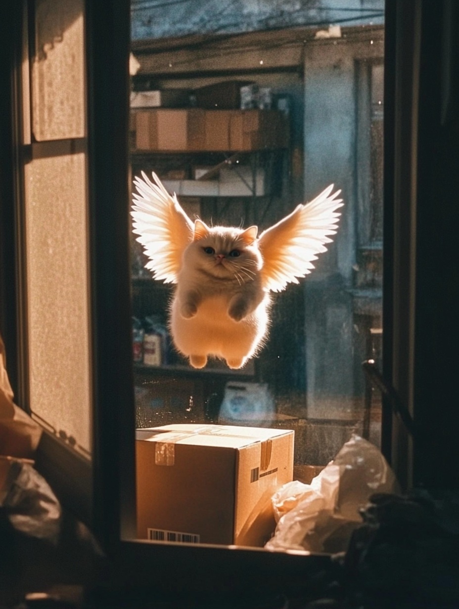 Source image for Winged Fluffy Cat Floats and Waves Through Sunlit Window