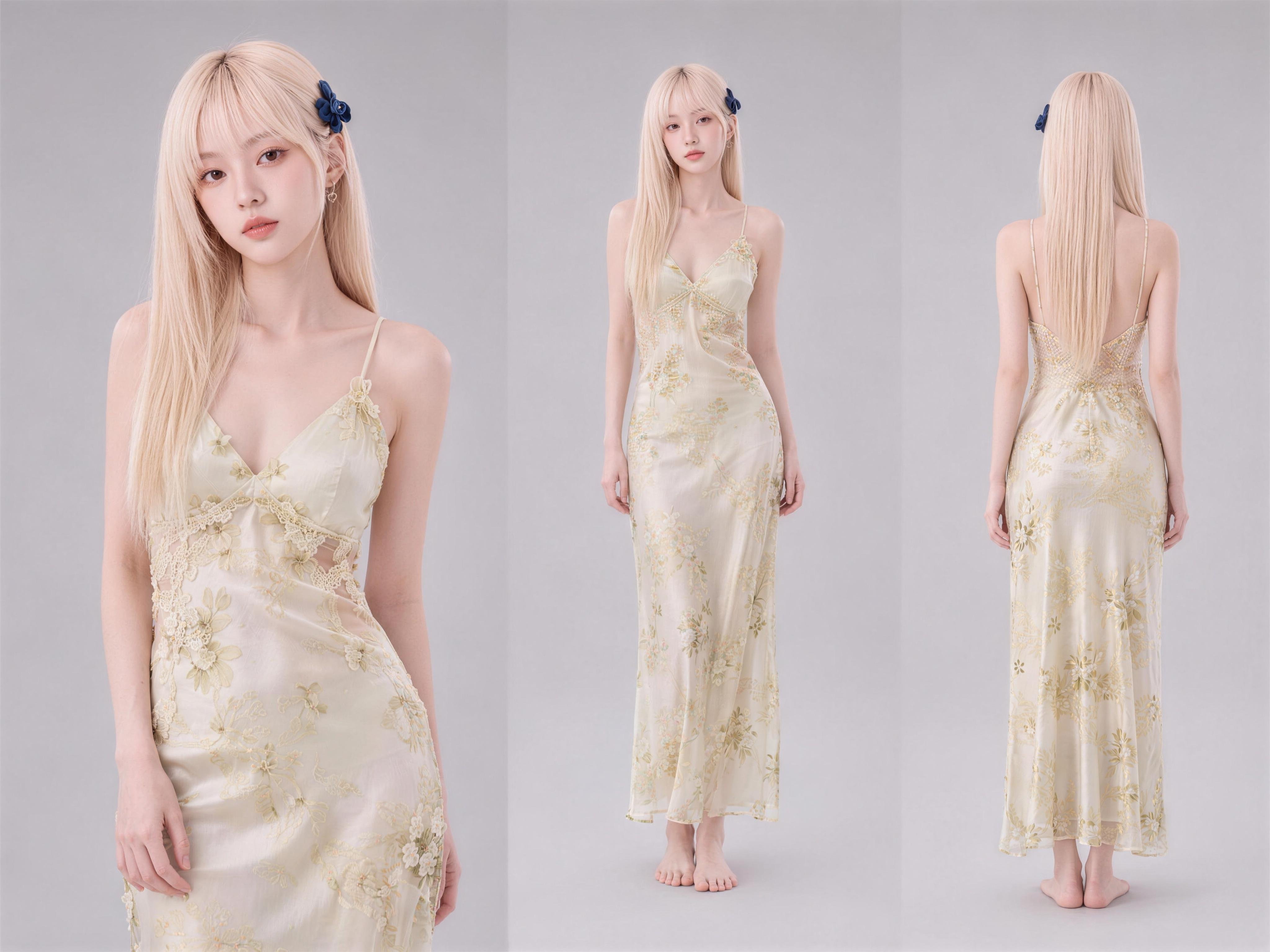 Source image for Blonde Model in Floral Silk Dress Performing Graceful Dance Sequence