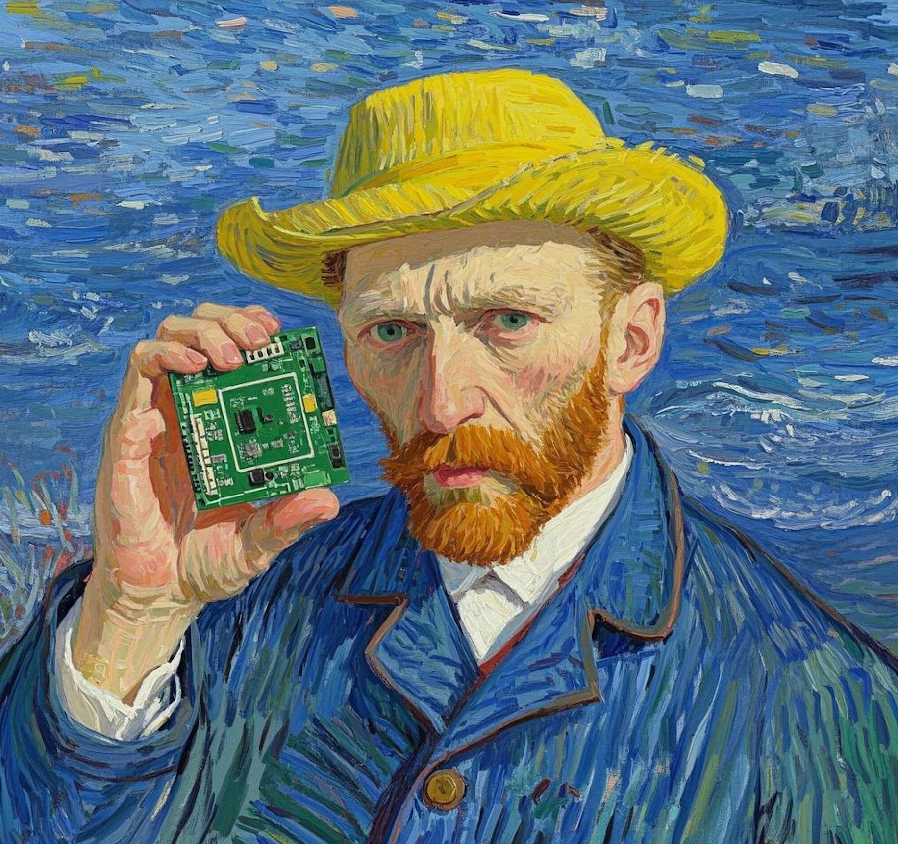 Source image for Van Gogh Stares Intently at a Green Circuit Board in Impasto Style