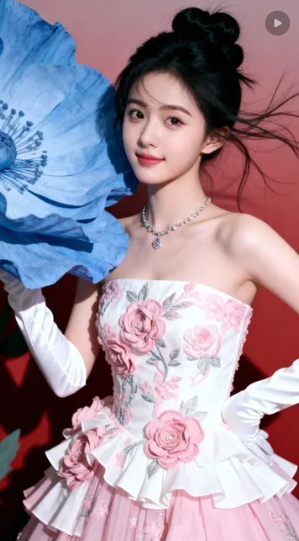 Source image for Elegant Woman in Floral Gown Poses with Giant Blue Prop Flower