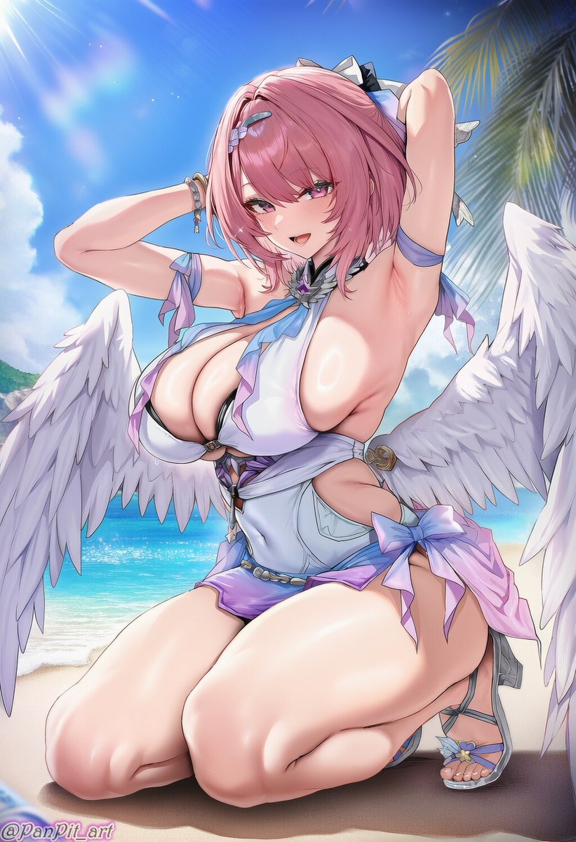 Source image for Angel Kneeling on Beach with Pink Hair and White Wings