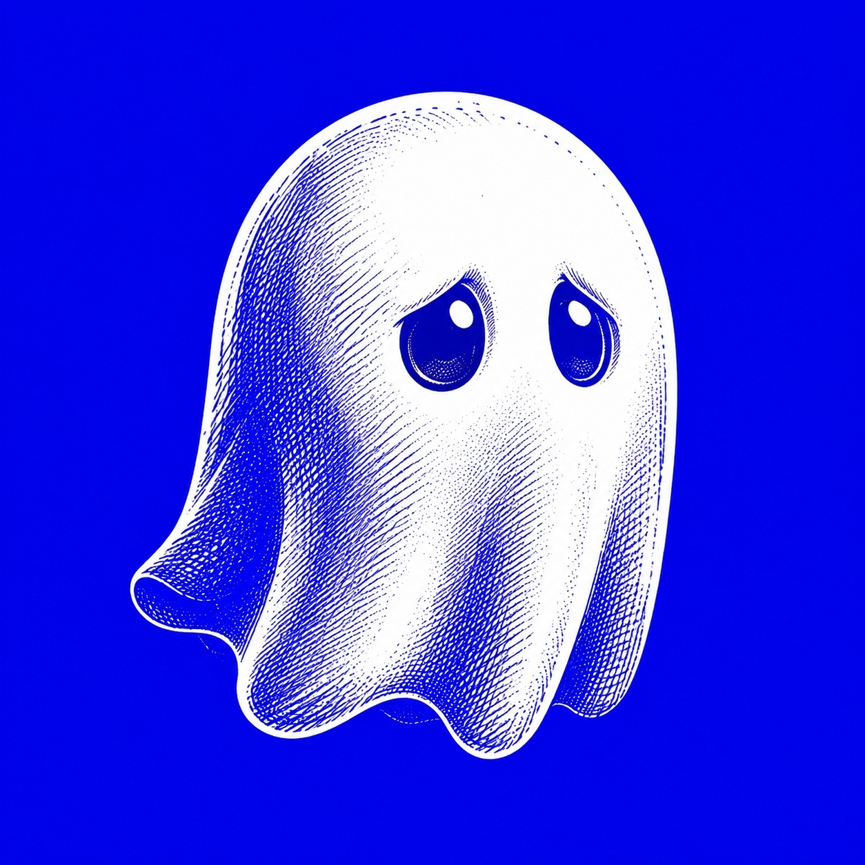 Source image for Sad Etched Ghost Wobbles and Blinks on Blue Background