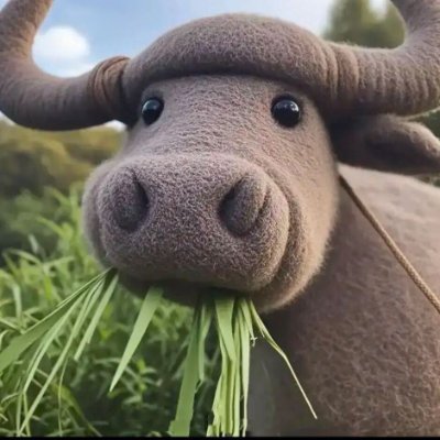 Source image for Fluffy Plush Buffalo Chews Grass with Intense Stare