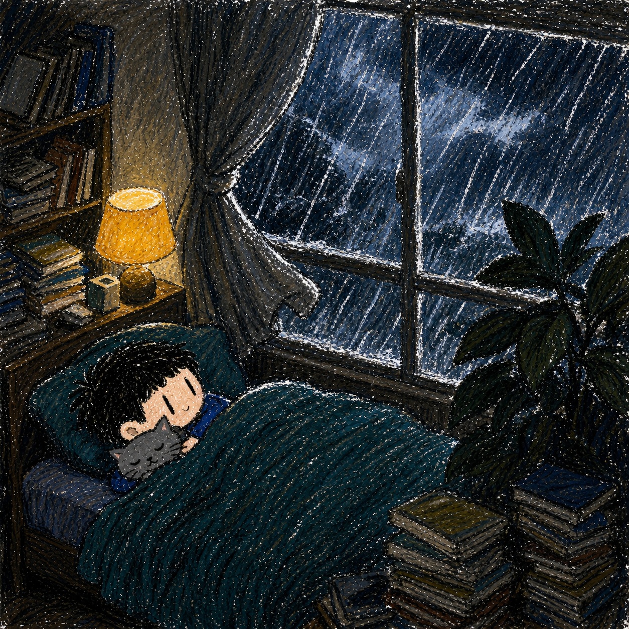 Source image for Sleeping Child Illuminated by Flashlight During Heavy Rainstorm