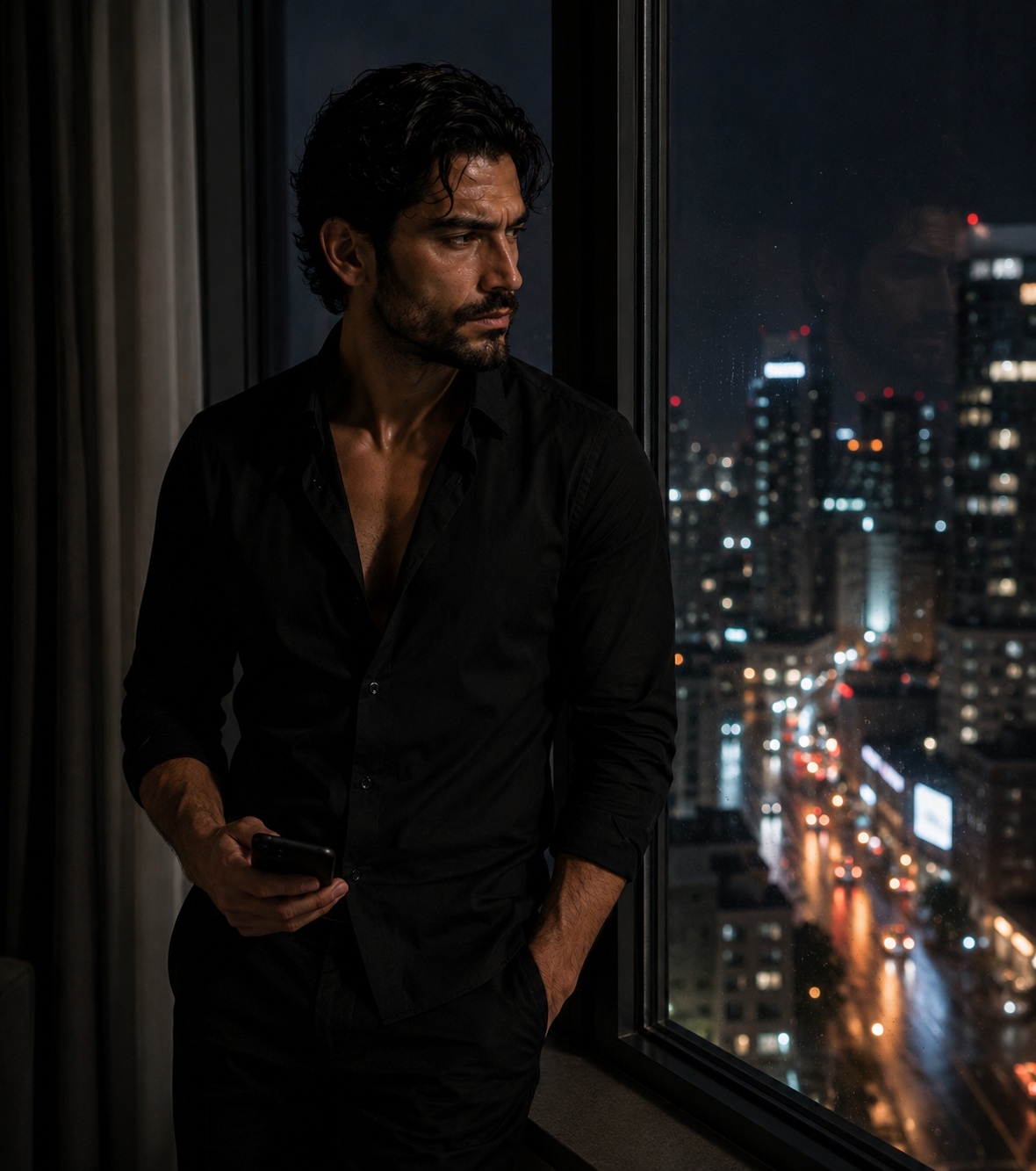 Source image for Man Standing Still by Window Gazing at City Lights