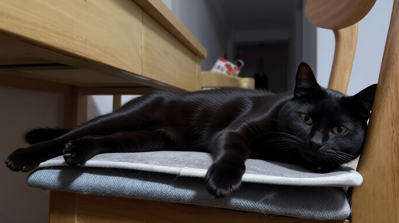Source image for Black Cat Lying on Chair Cushion Reacts to Camera Movement