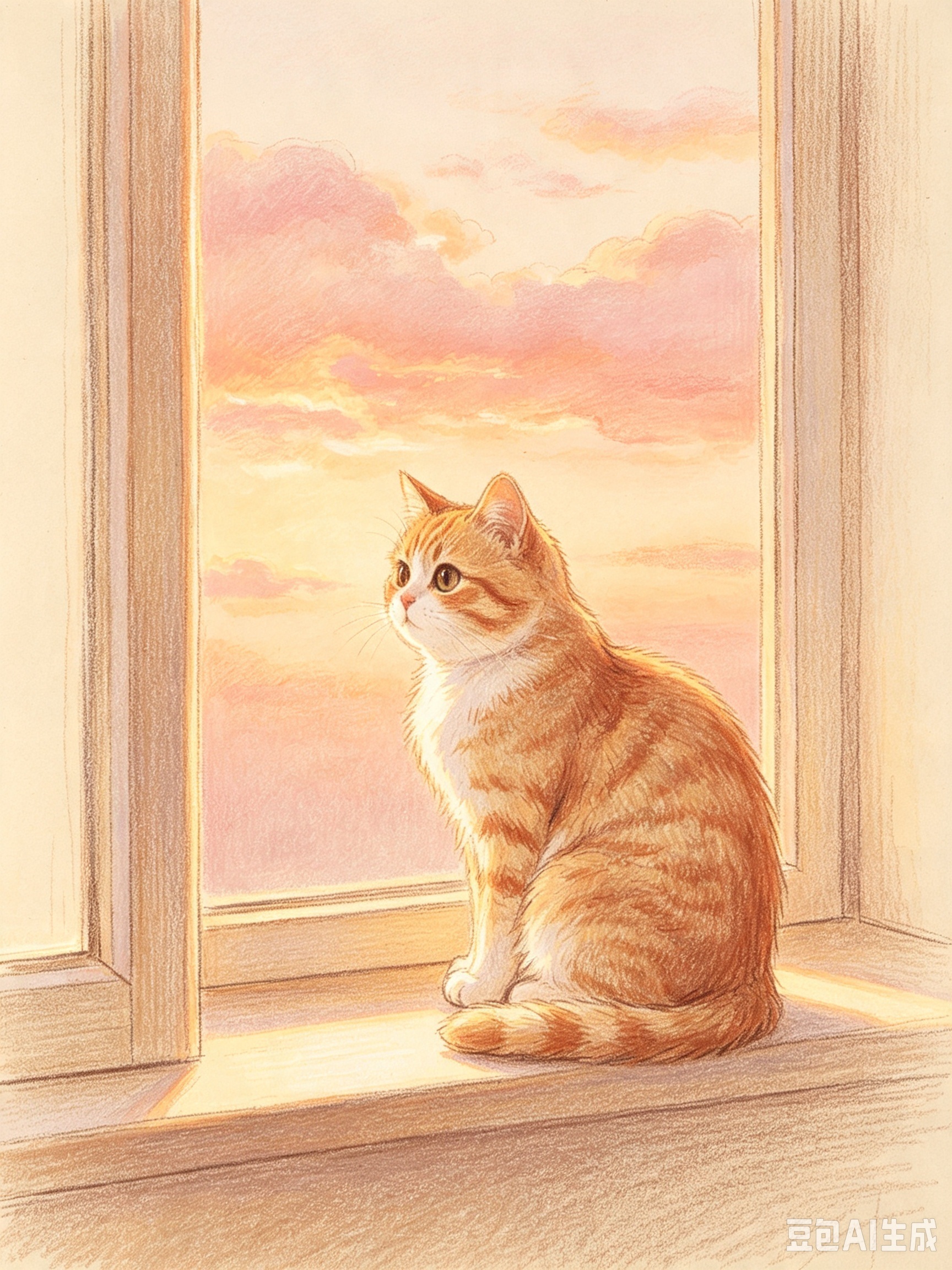 Source image for Contemplative Ginger Cat Gazing at Pink Sunset Clouds
