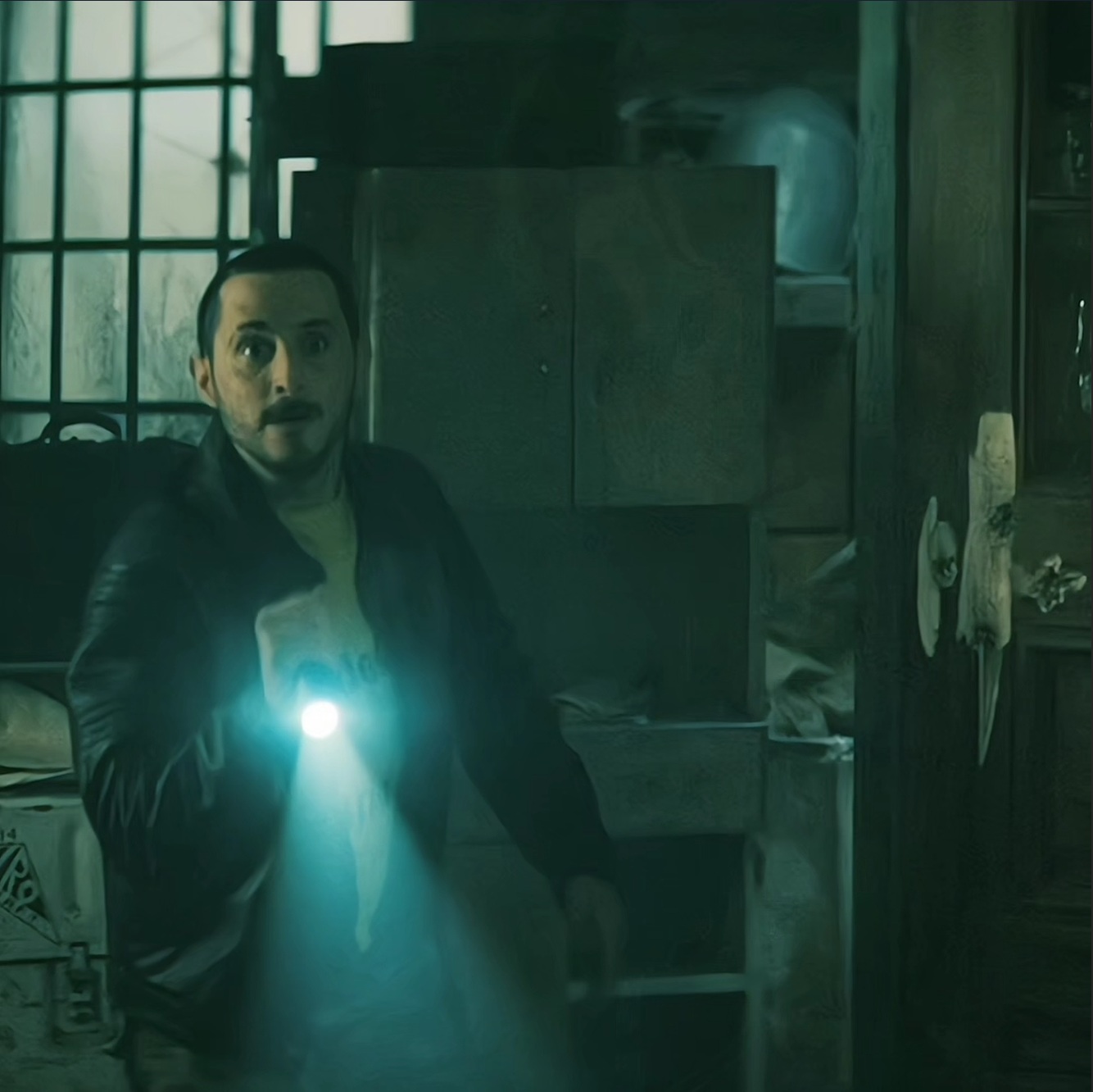 Source image for Man Flashlight Horror Scene Panic and Gunfire in Dark Room