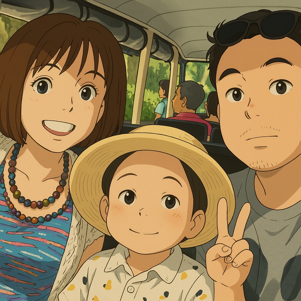 Source image for Animated Family Bus Selfie with Peace Sign and Bumpy Ride