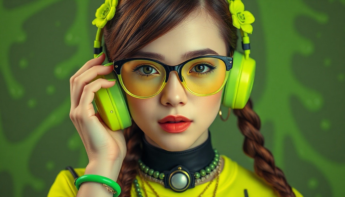 Source image for Green Themed DJ Girl Reacts to Bass Drop with Glasses Glare