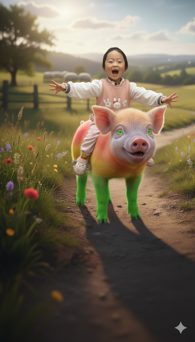 Source image for Joyful Child Riding a Rainbow Pig Along a Sunny Country Path