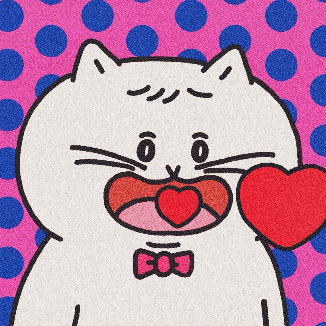 Source image for Overwhelmed Cartoon Cat Spits Out Heart on Polka Dot Background