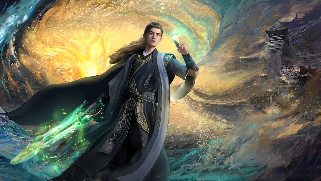 Source image for Fantasy Warrior Channels Green Energy Amidst Swirling Golden Cosmos
