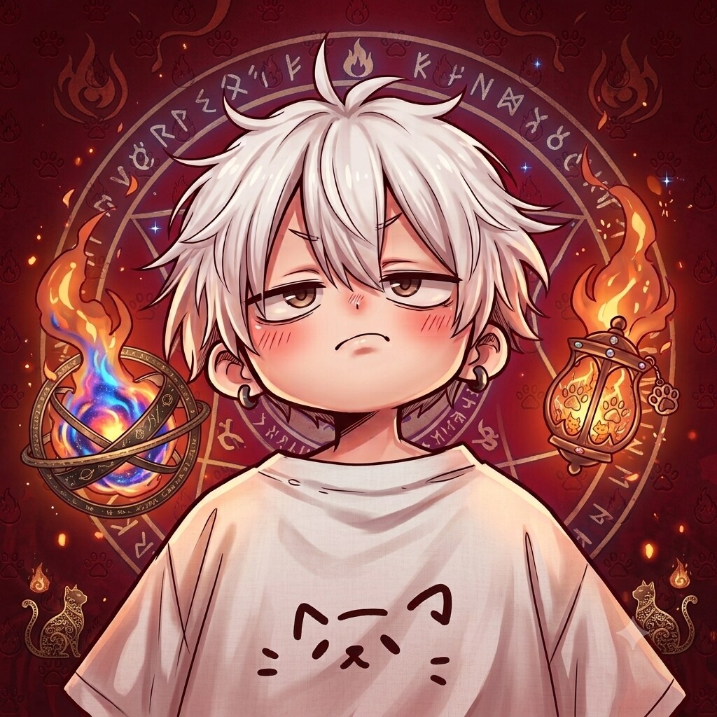Source image for Annoyed White-Haired Mage with Floating Fire Orbs and Cat Motifs