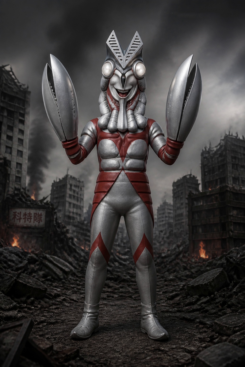 Source image for Alien Baltan Boasts with Pincers Amidst Smoky City Ruins