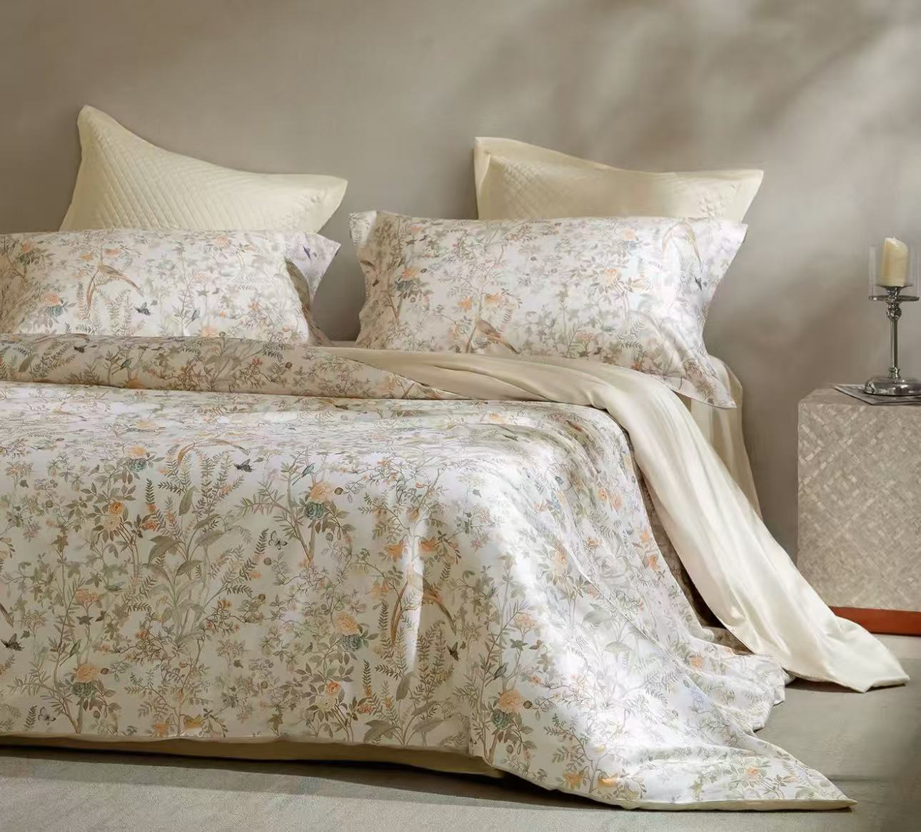 Source image for Silky Floral Bedding Drapes Flow in Soft Light