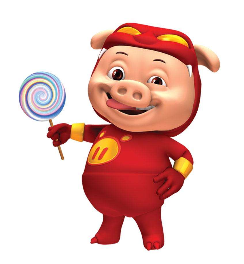 Source image for Superhero Pig Licks Rainbow Lollipop with Comical Greed