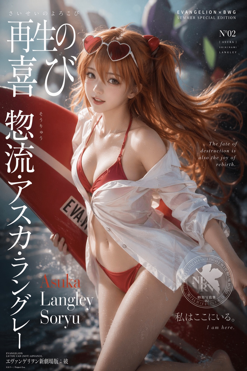 Source image for Asuka Langley Surfing with Red Heart Sunglasses and Wet Shirt
