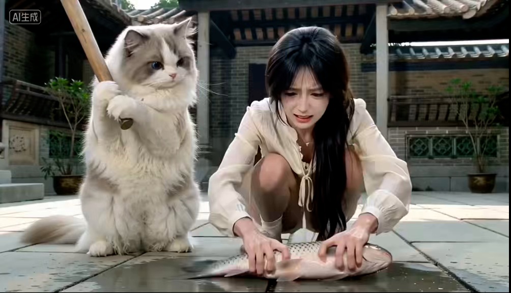 Source image for Angry Cat Guarding Fish While Woman Cries on Courtyard Floor