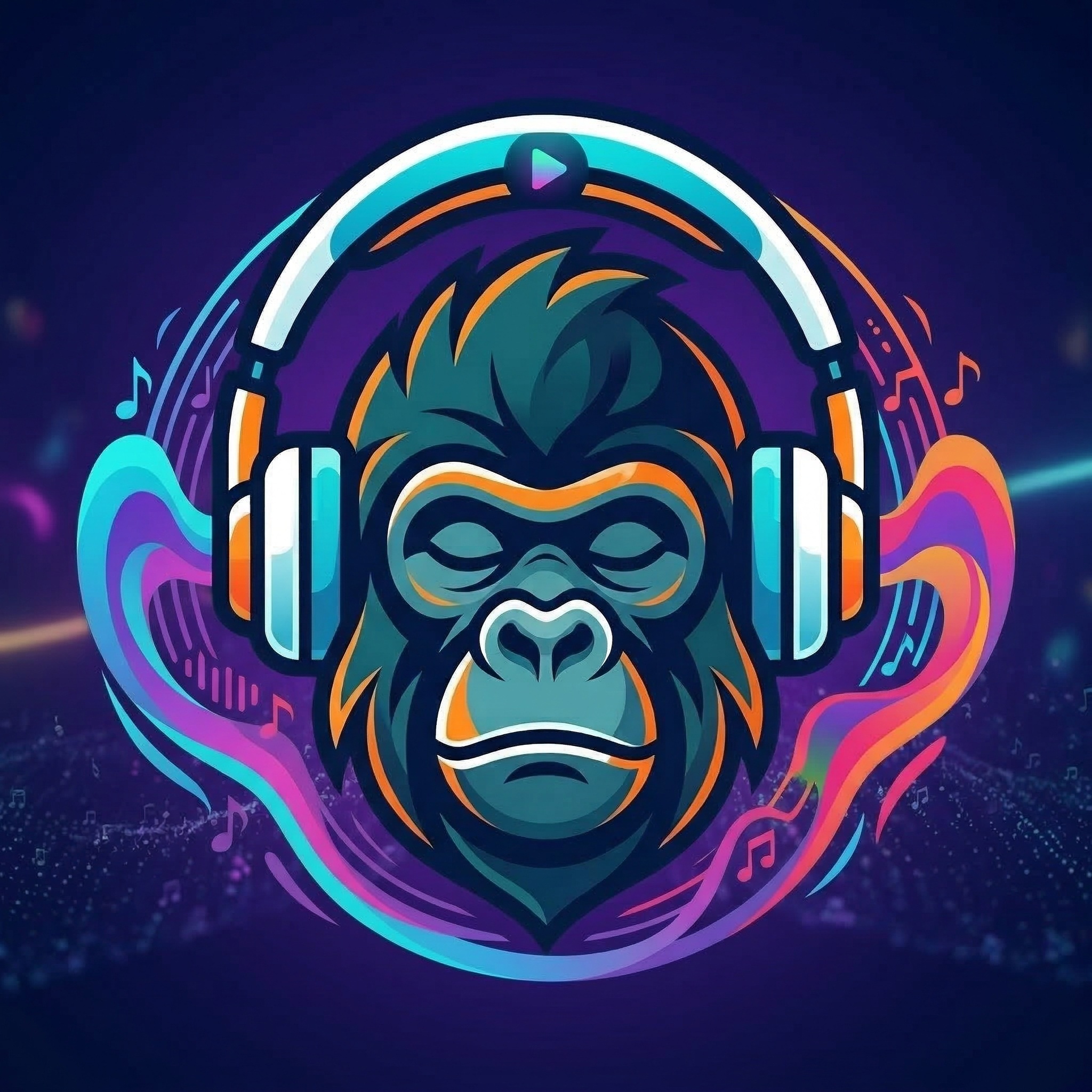 Source image for Stylized Gorilla DJ Headbanging with Neon Music Waves