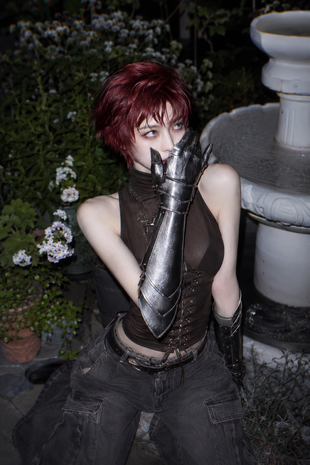 Source image for Gothic Cosplayer with Metal Gauntlet Reacts to Surprise