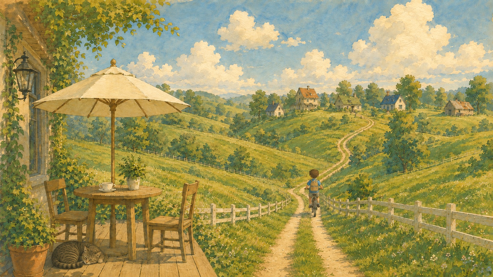 Source image for Child Riding Bicycle Through Peaceful Rolling Green Hills Past Porch