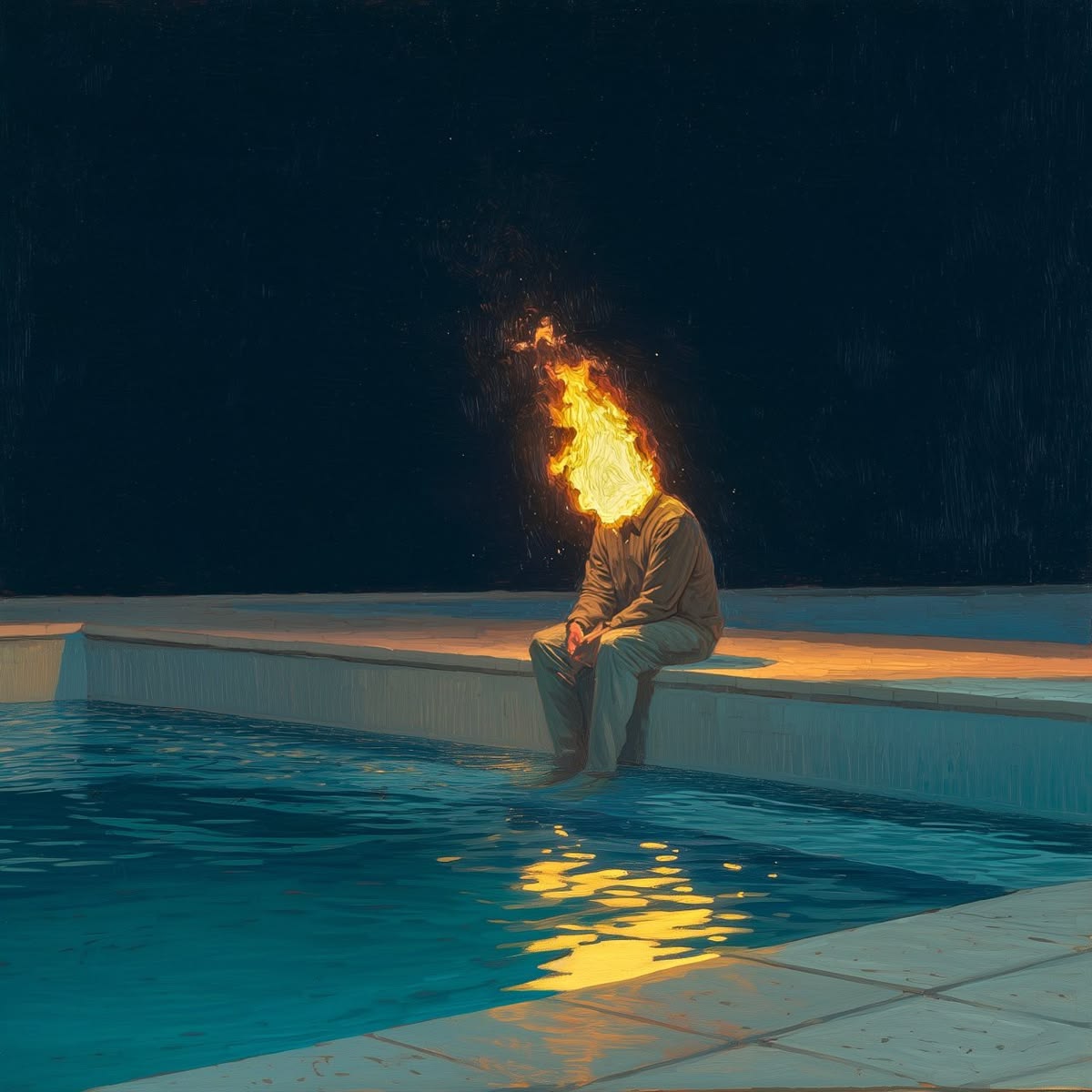 Source image for Surreal Figure With Flaming Head Dips Feet In Pool At Night