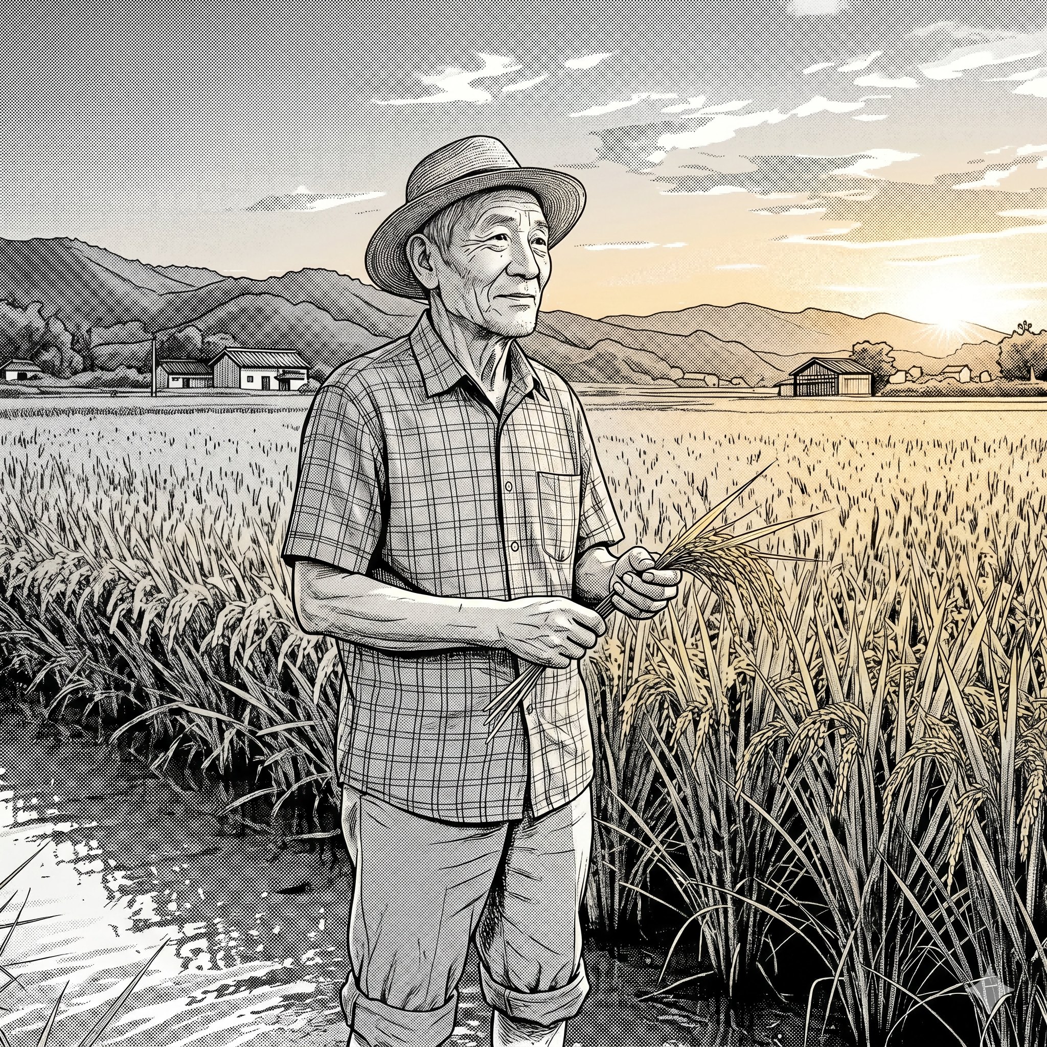 Source image for Elderly Farmer Inspecting Golden Rice Stalks at Sunset