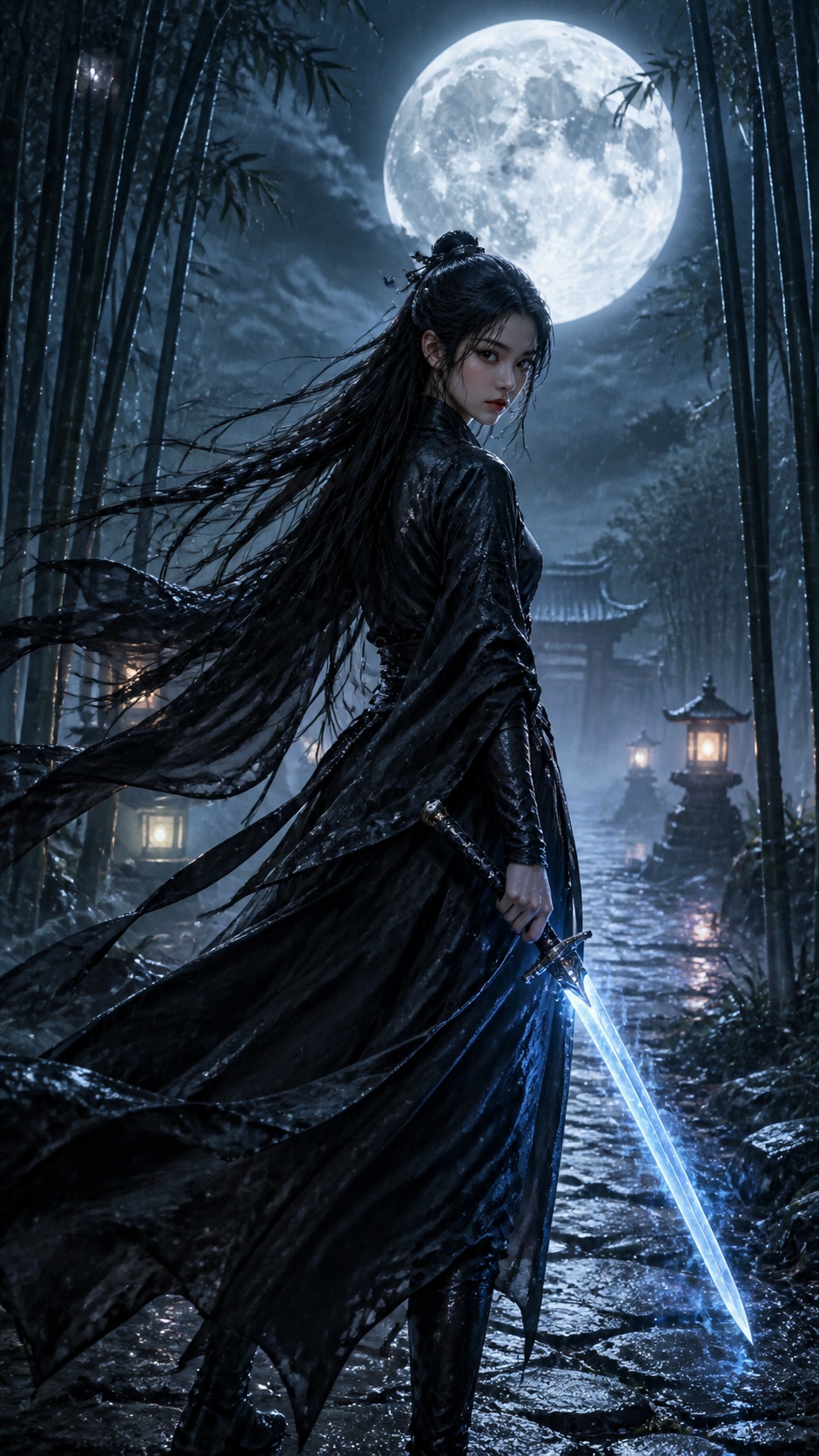 Source image for Wet Black Robe Warrior Glances Back Under Full Moon With Glowing Sword