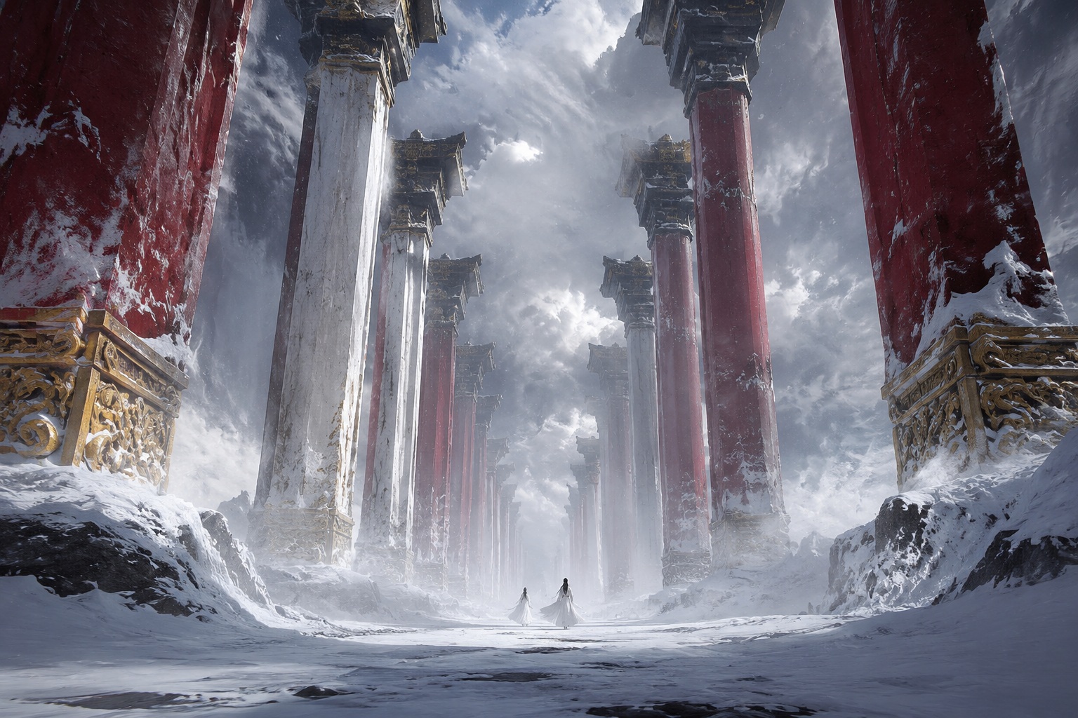 Source image for Two Figures Walking Through Snowy Red and White Pillars