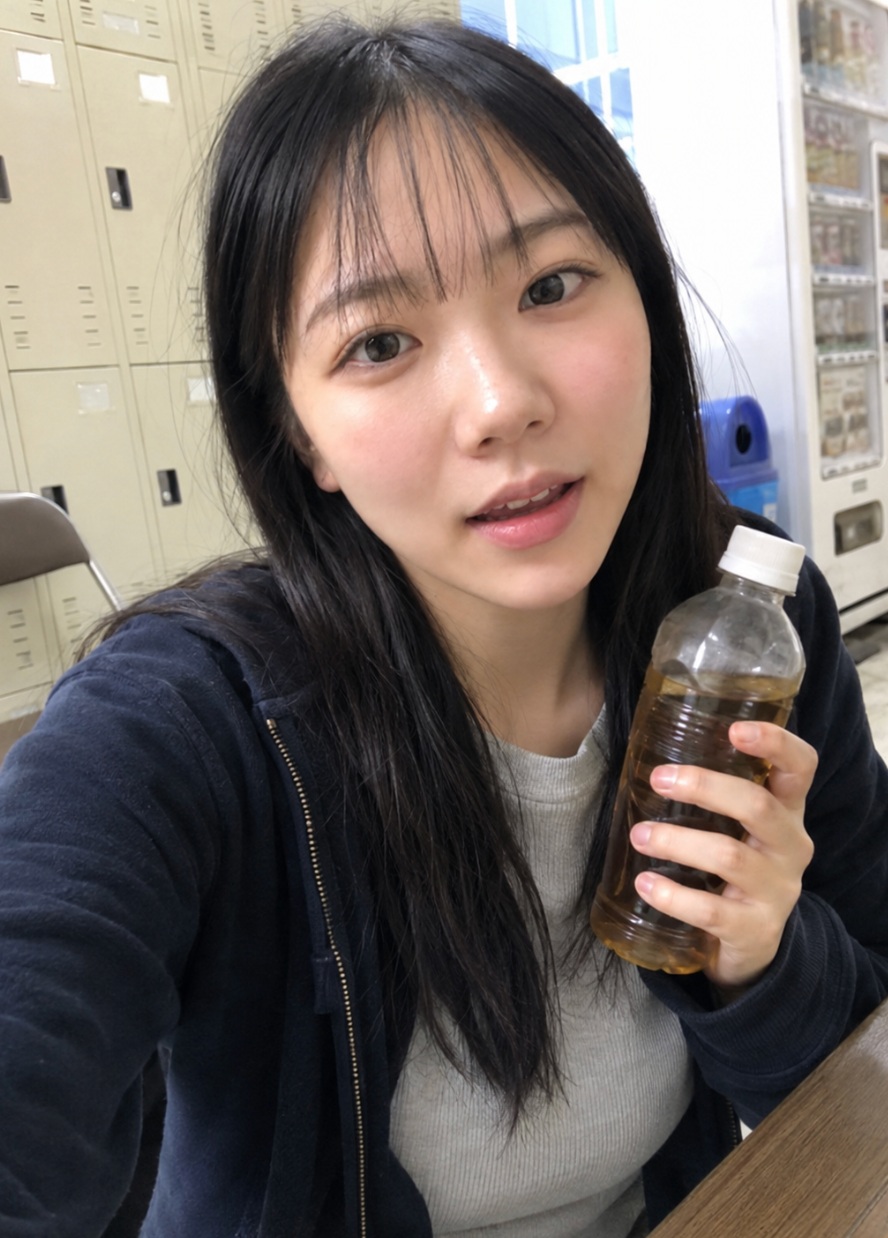 Source image for Girl with Tea Bottle Reacts to Camera in Locker Room Selfie