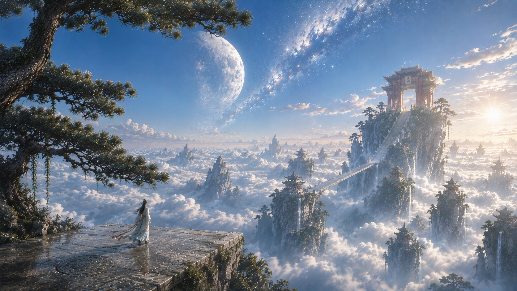 Source image for Parallax Pan Over Celestial Floating Mountains and Lone Wanderer