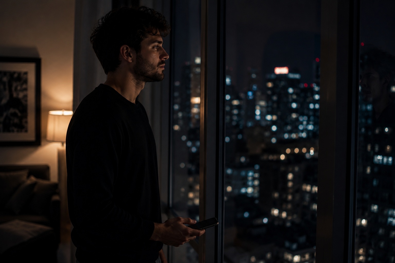 Source image for Man Checks Phone No Reply Stares Out Window Night City