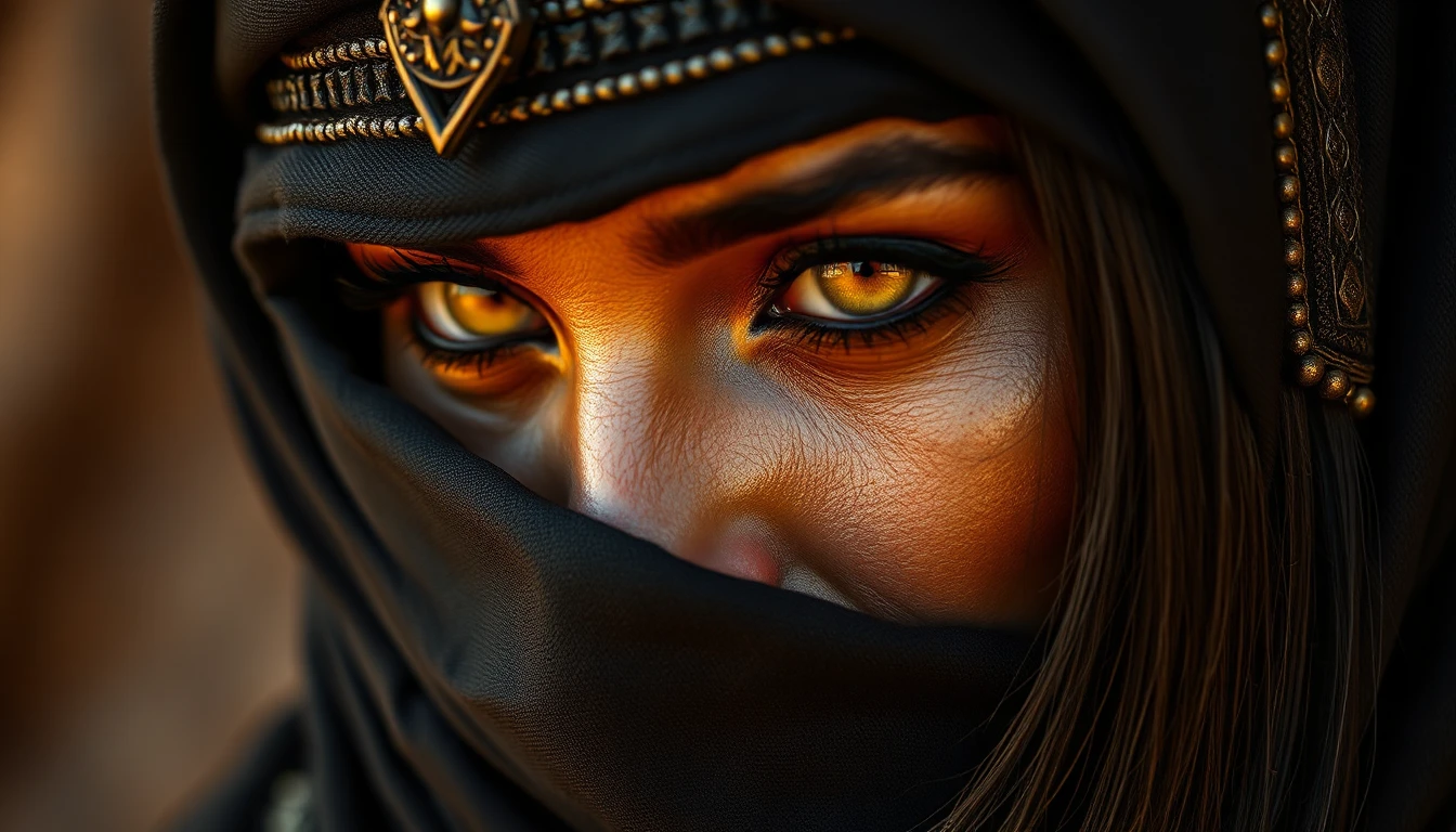 Source image for Veiled Fantasy Warrior Glowing Amber Eyes Close Up