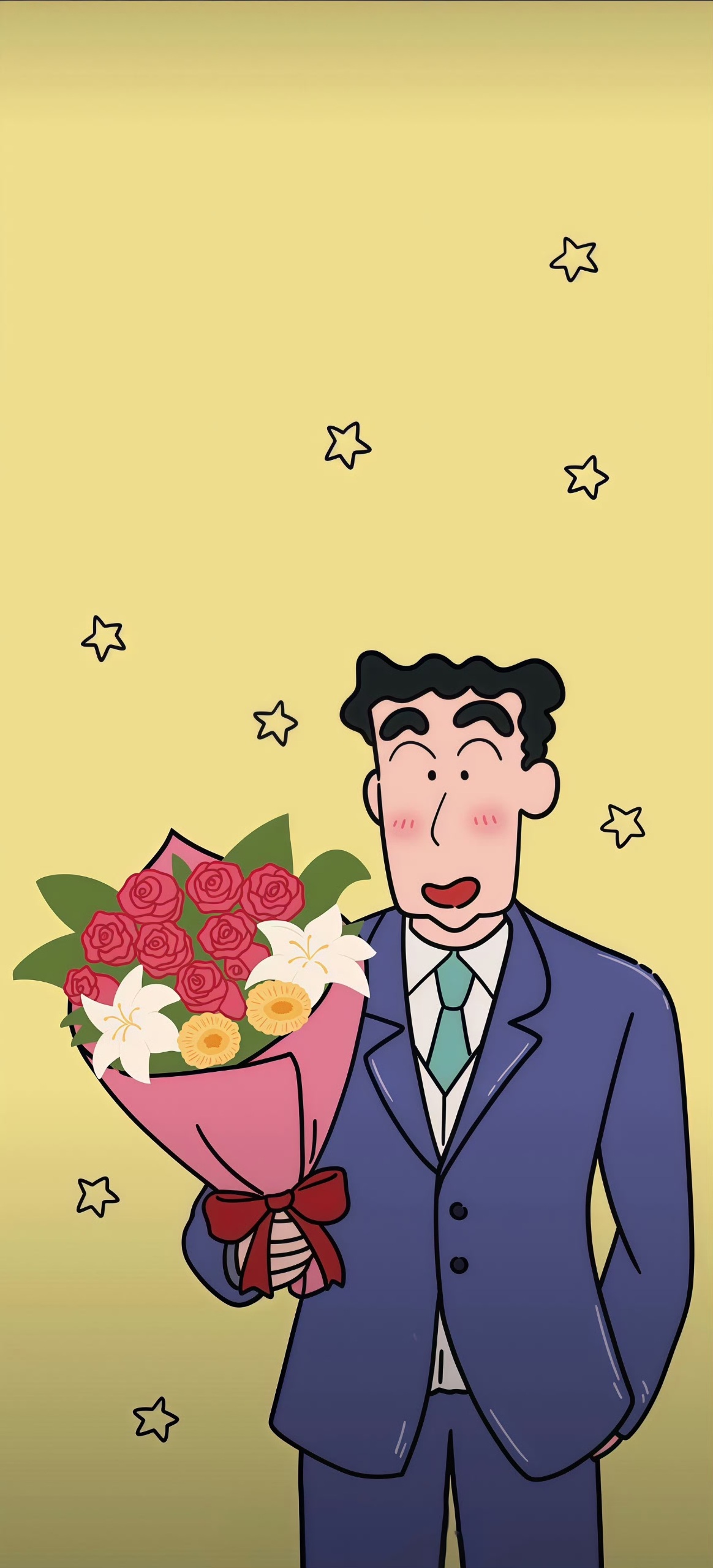 Source image for Shy Cartoon Man Holding Roses with Twinkling Stars