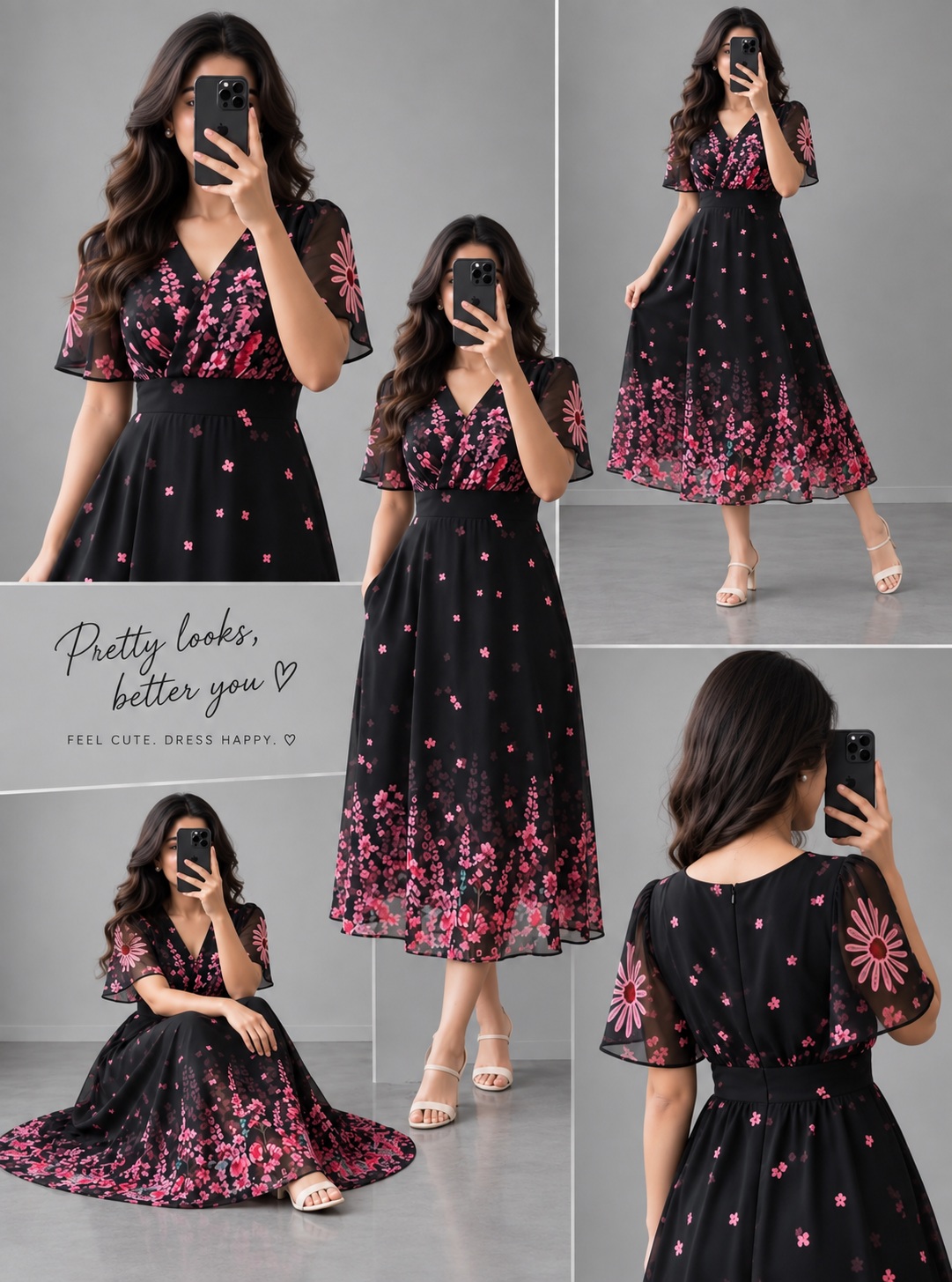 Source image for Woman Swirling Black Floral Dress in Mirror Selfie Collage