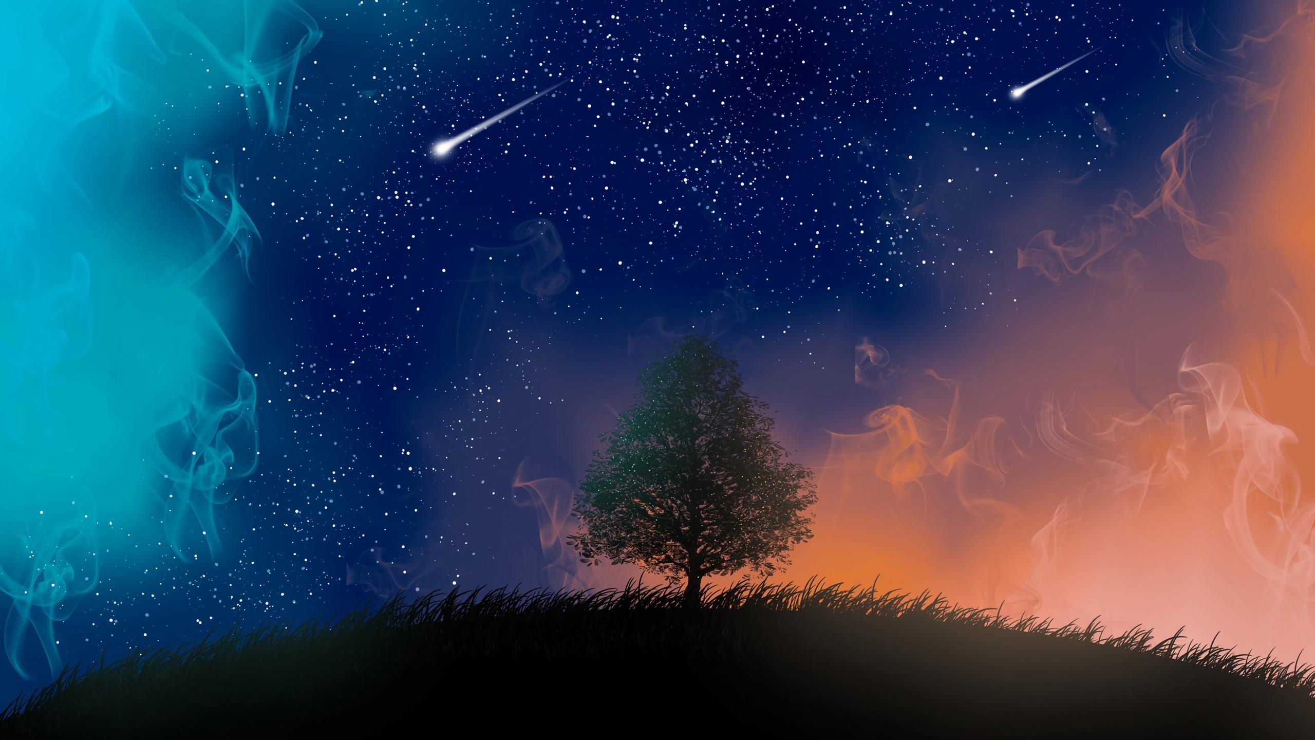 Source image for Lone Tree Under Starry Sky With Blue And Orange Smoke Swirls