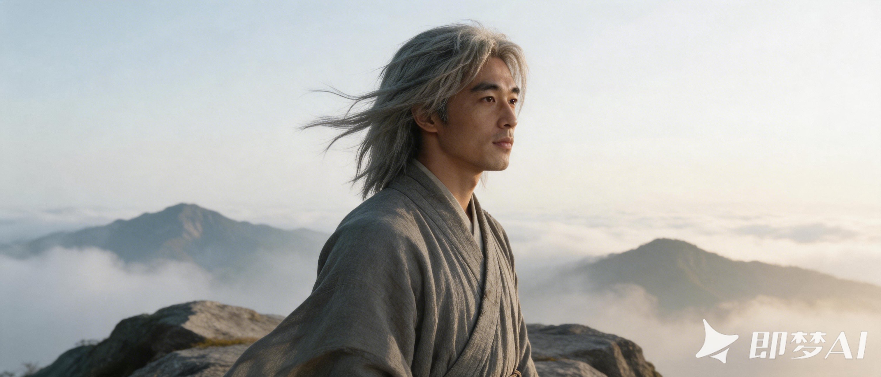 Source image for Wandering Warrior Gazing Over Misty Mountain Peaks